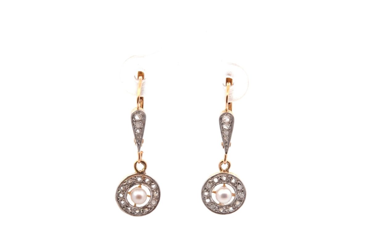 Boucles d'oreilles anciennes en or blanc et platine avec diamants et perles fines - Castafiore