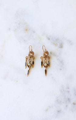 Boucles d'Oreilles Anciennes Pendantes Email et Perles - Castafiore
