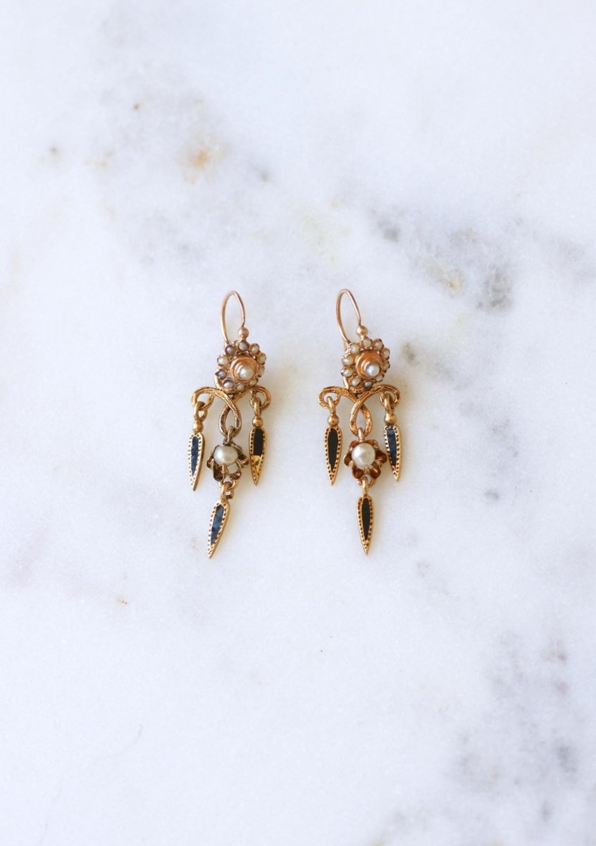 Boucles d'Oreilles Anciennes Pendantes Email et Perles - Castafiore