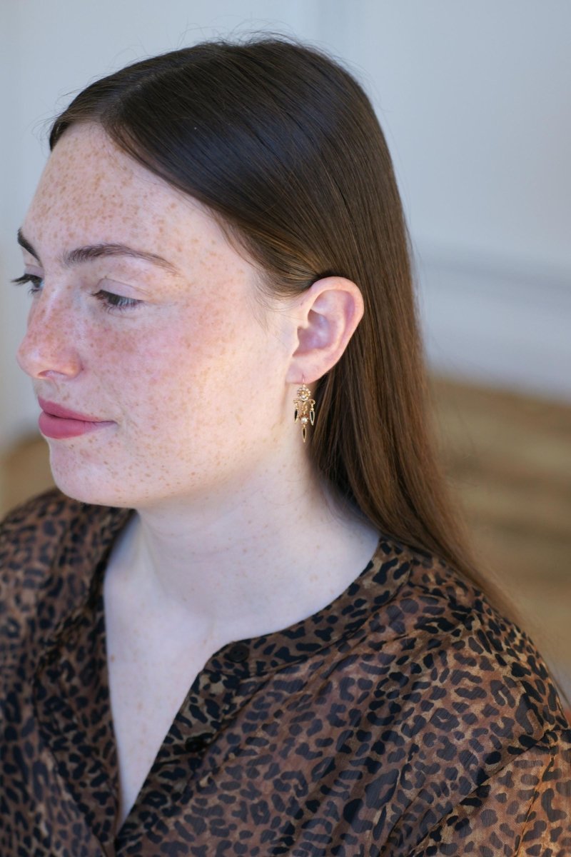 Boucles d'Oreilles Anciennes Pendantes Email et Perles - Castafiore