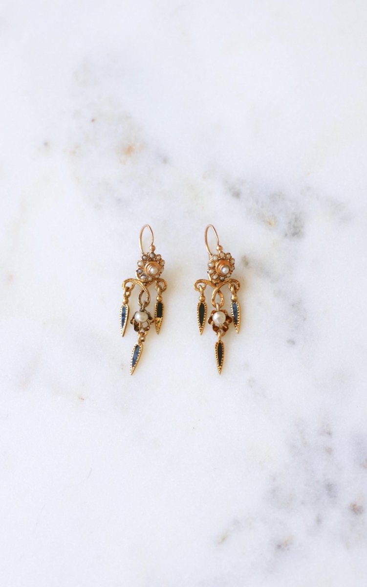 Boucles d'Oreilles Anciennes Pendantes Email et Perles - Castafiore