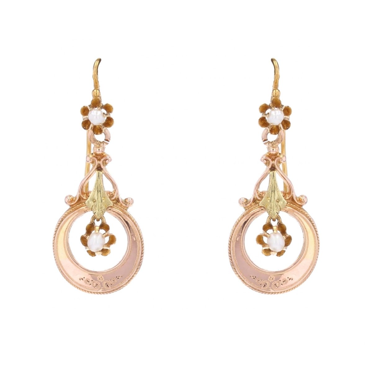 Boucles d'oreilles ANCIENNES Pendants en or rose et perles fines - Castafiore