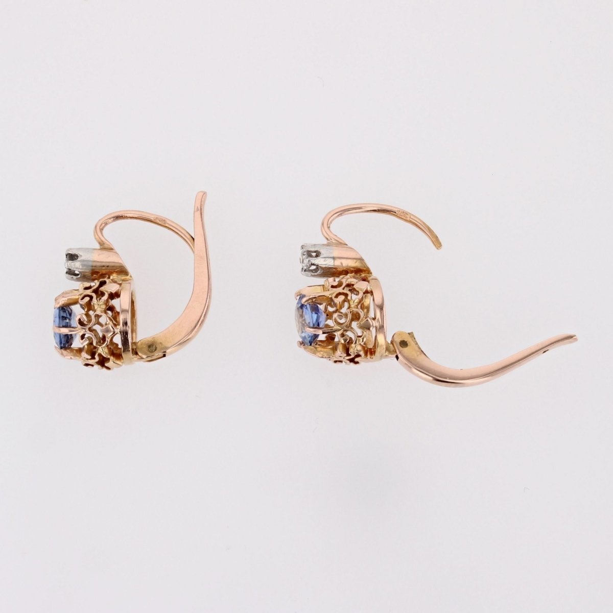 Boucles d'oreilles anciennes saphirs diamants dormeuses - Castafiore