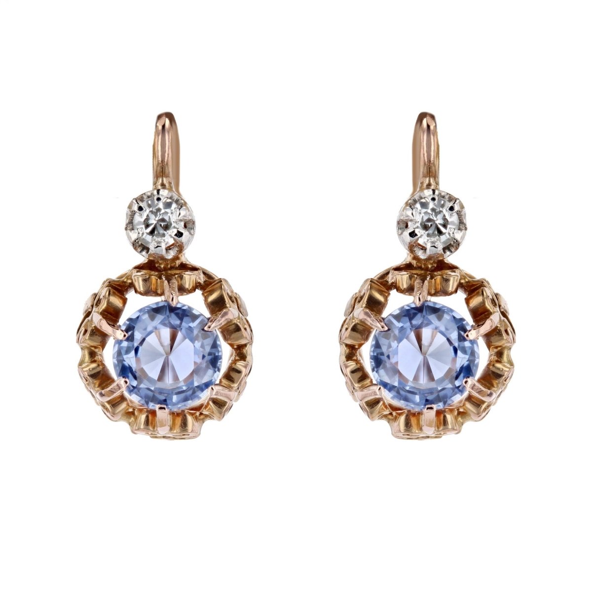 Boucles d'oreilles anciennes saphirs diamants dormeuses - Castafiore