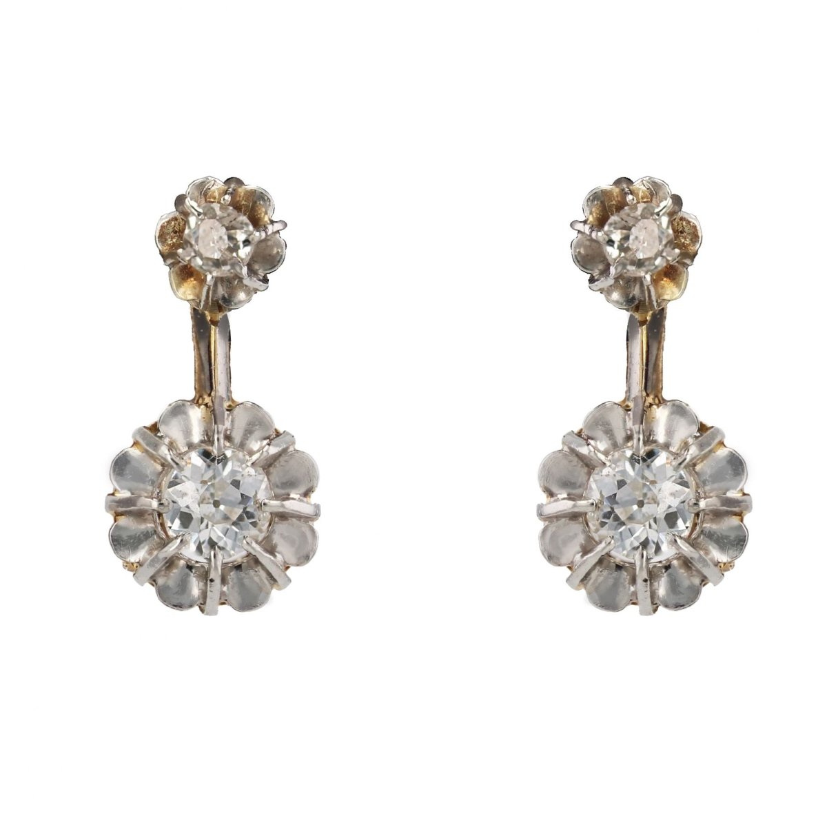 Boucles d'oreilles ANCIENNES Trembleuses en or jaune et platine avec diamants - Castafiore