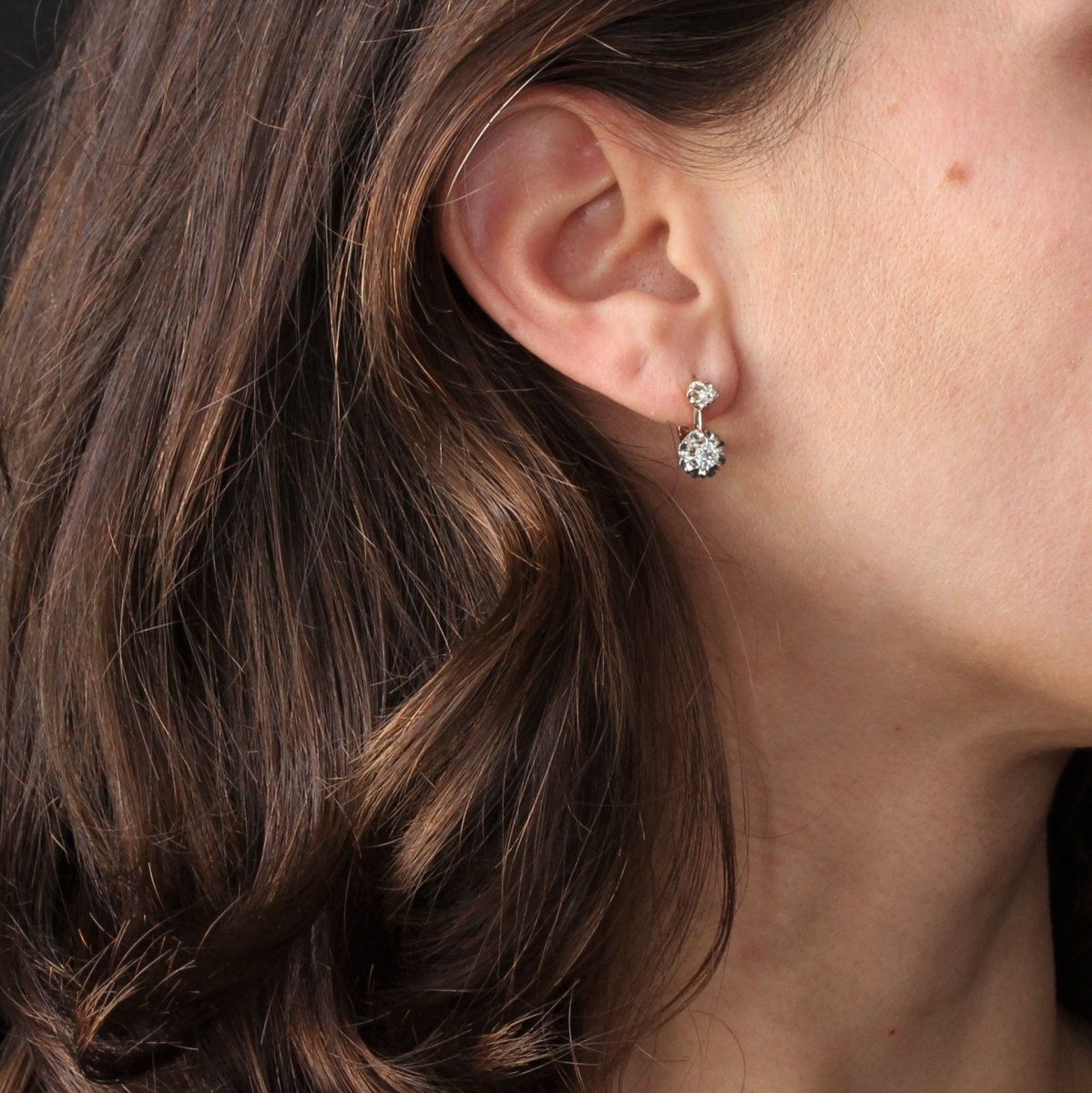 Boucles d'oreilles ANCIENNES Trembleuses en or jaune et platine avec diamants - Castafiore