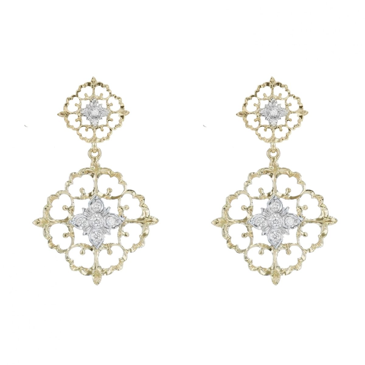 Boucles d'oreilles ARABESQUES pendants en or jaune et or blanc avec diamants - Castafiore