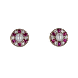 Boucles d'oreilles ART DÉCO Puces en or blanc perles diamants et rubis - Castafiore