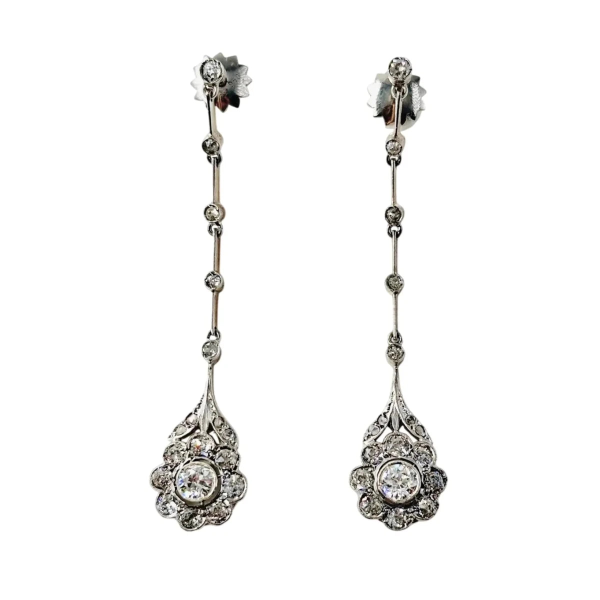 Boucles d'oreilles Belle Époque en platine, or jaune et diamants - Castafiore