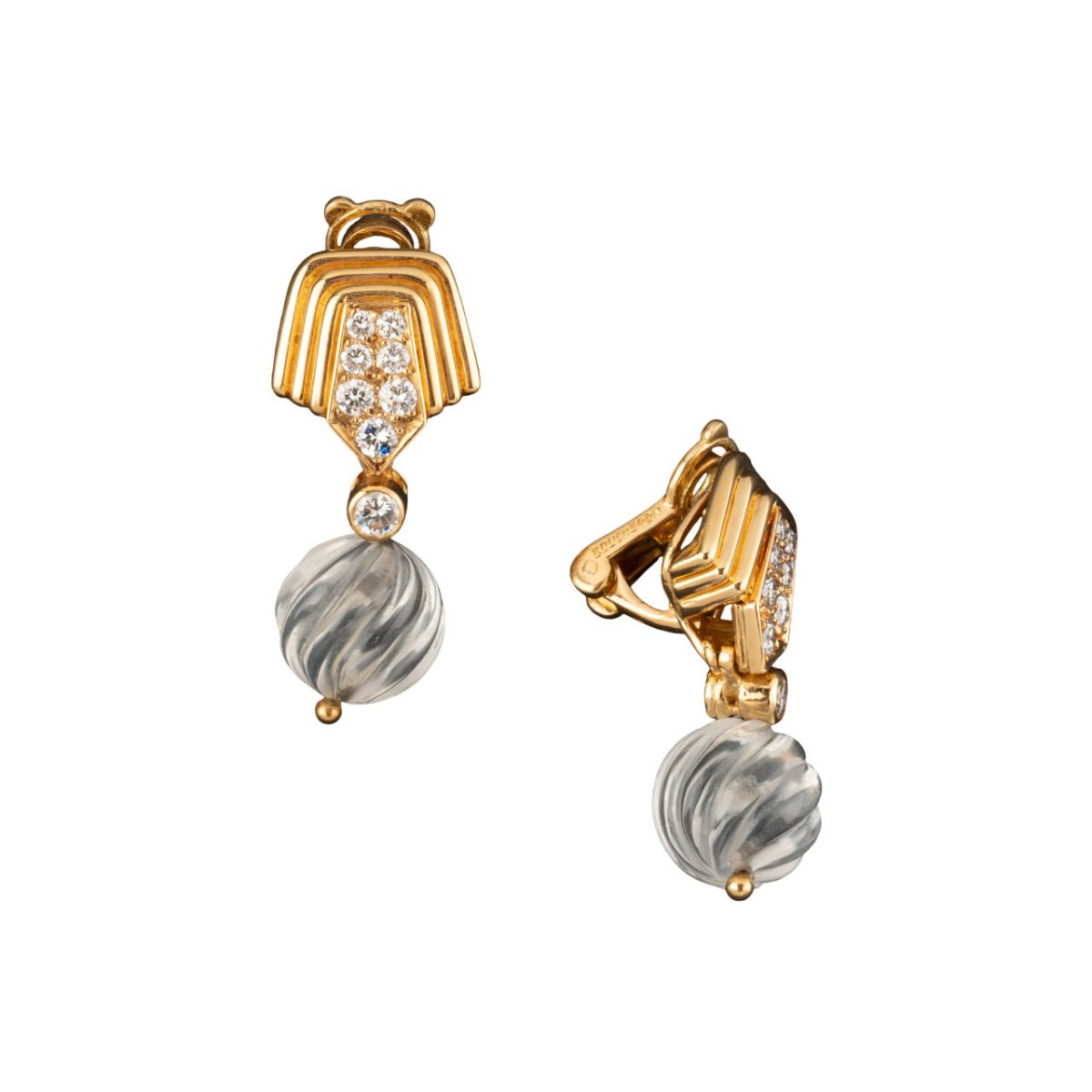 Boucles d'oreilles Boucheron Pendantes en or jaune, perle et diamants - Castafiore