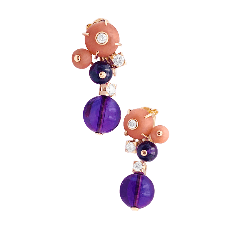 Boucles d'oreilles CARTIER Délices de Goa en or rose améthystes, diamants et corail - Castafiore