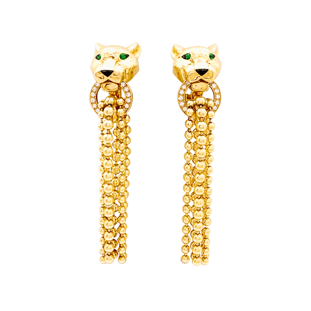 Boucles d'oreilles CARTIER Panthère en or jaune diamants tsavorites et onyx - Castafiore