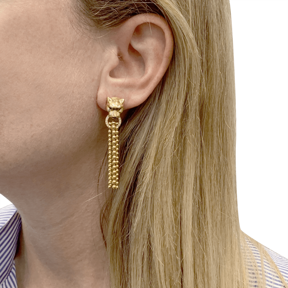 Boucles d'oreilles CARTIER Panthère en or jaune diamants tsavorites et onyx - Castafiore