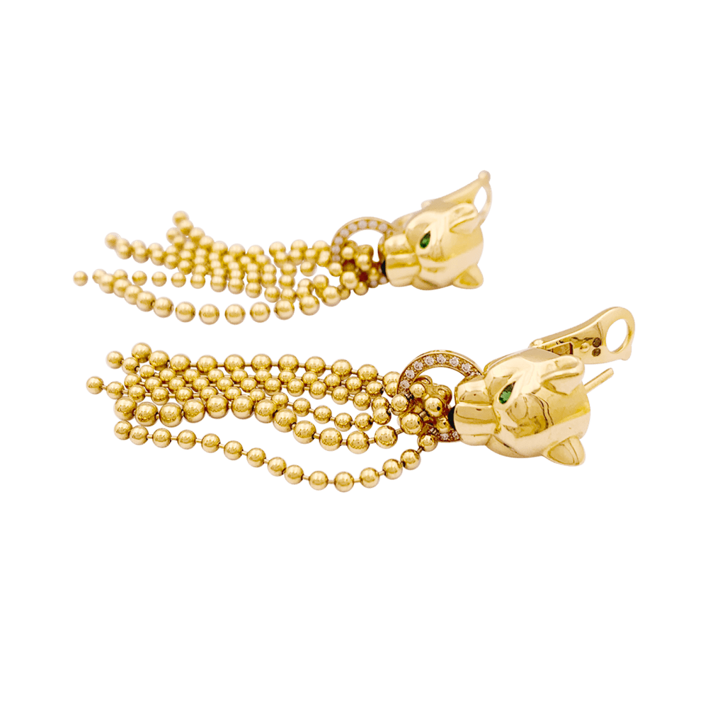 Boucles d'oreilles CARTIER Panthère en or jaune diamants tsavorites et onyx - Castafiore