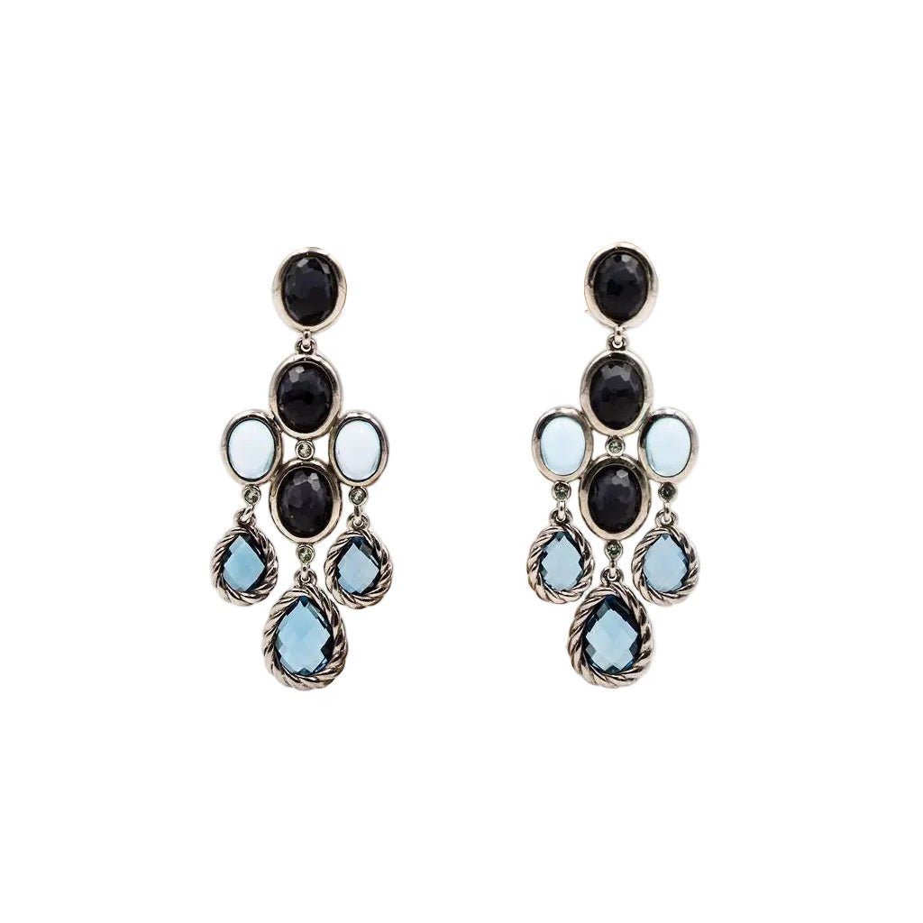Boucles d'oreilles Chandelier DAVID YURMAN en argent, topaze bleue, hématite et diamant - Castafiore