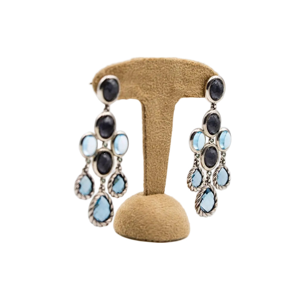 Boucles d'oreilles Chandelier DAVID YURMAN en argent, topaze bleue, hématite et diamant