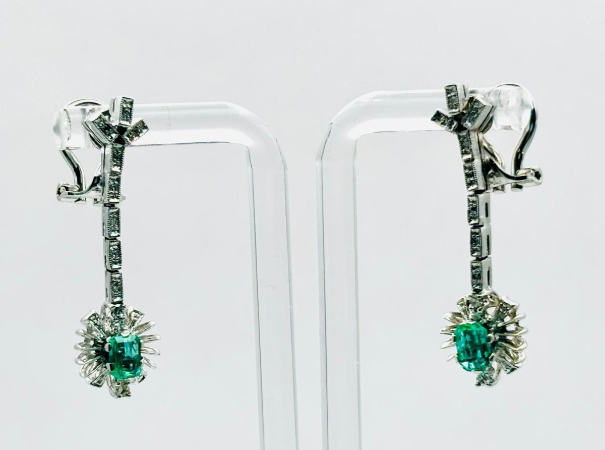 Boucles d'oreilles Clip en or blanc, émeraudes, et diamants - Castafiore