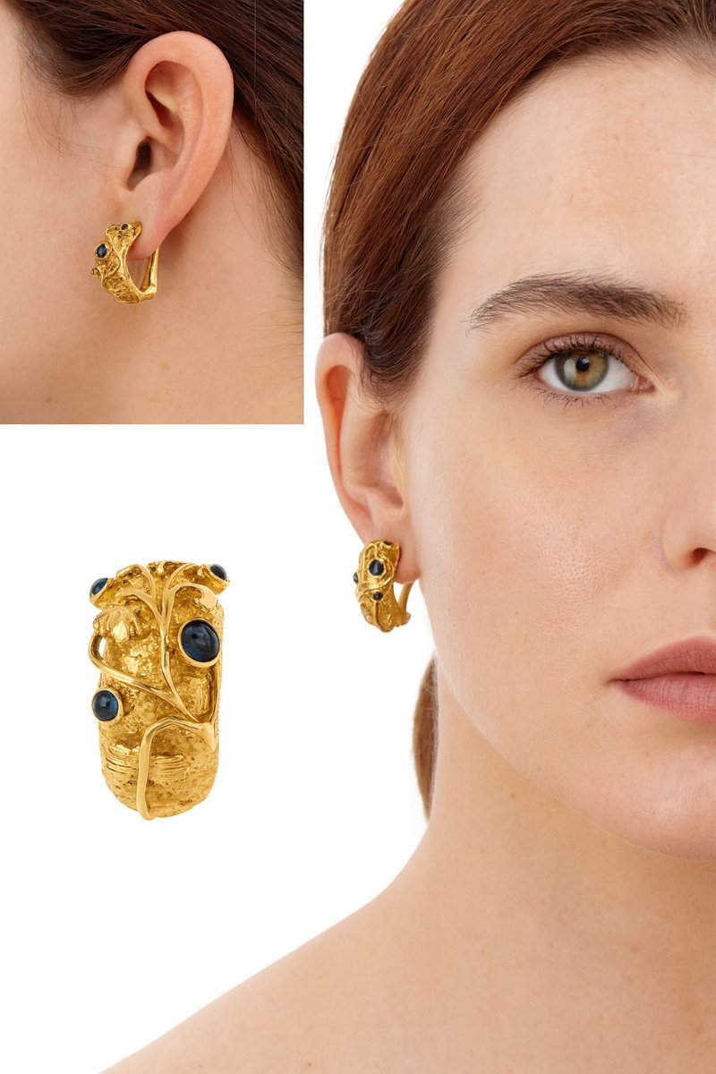 Boucles d'oreilles Clip en or jaune émail bleu et saphir - Castafiore