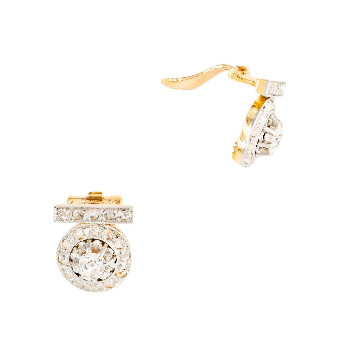 Boucles d'oreilles Clips Art Déco en platine, or jaune et diamants - Castafiore