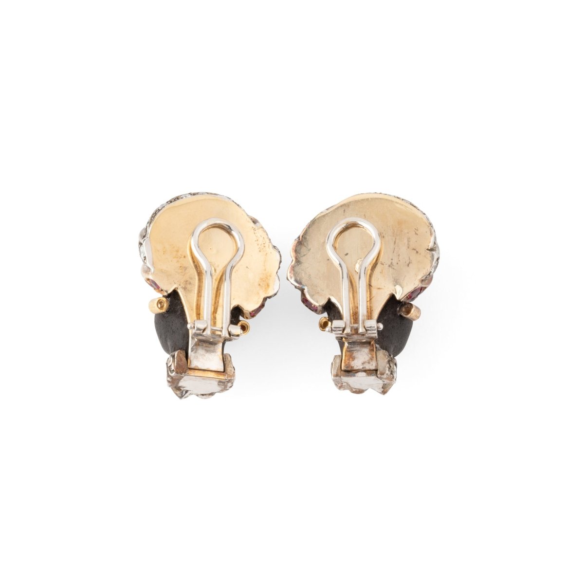 Boucles d'oreilles Clips "Dans le goût de Nardi" en or rose, or blanc, bois, argent et rubis - Castafiore