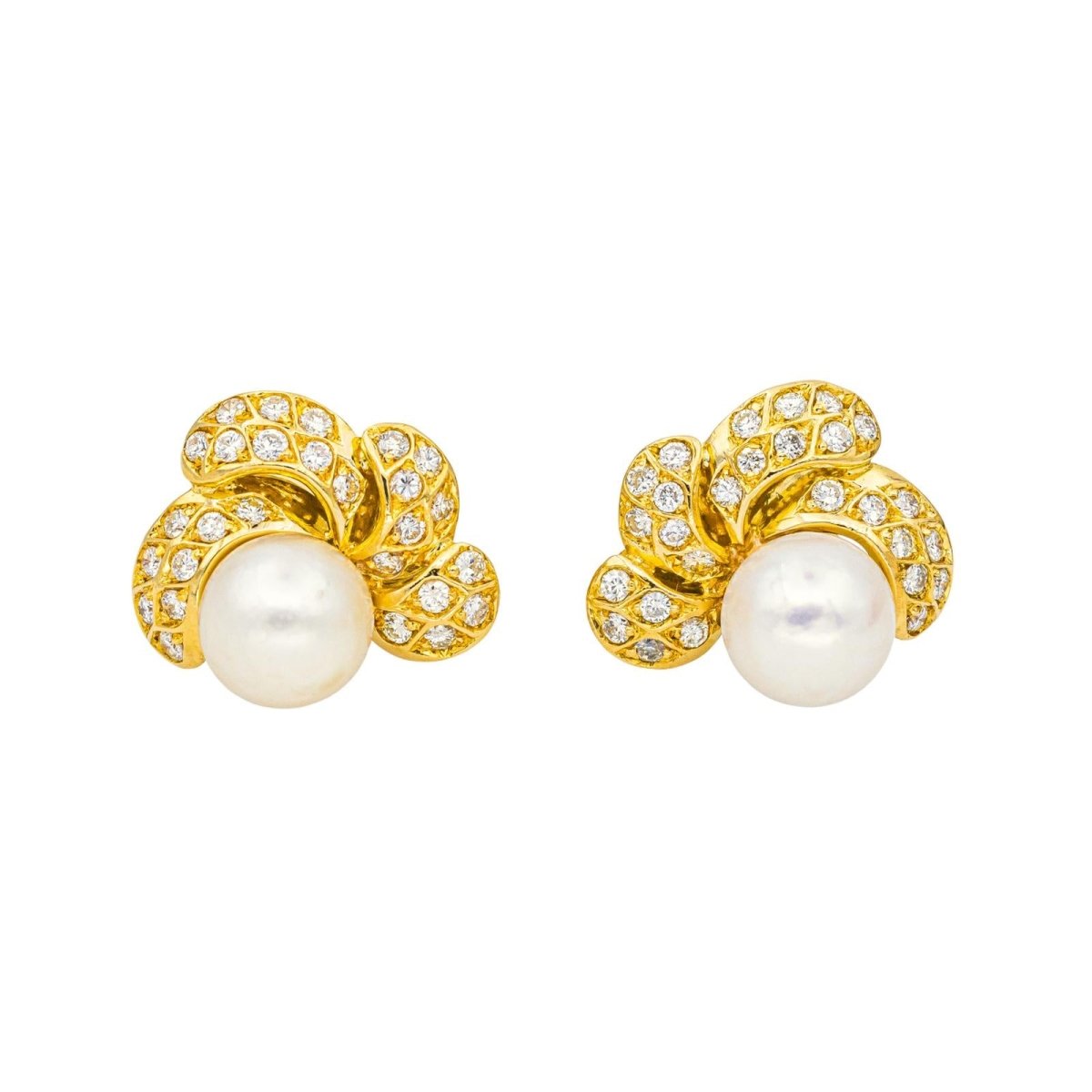 Boucles d'oreilles Clips en or jaune, perles et diamants - Castafiore