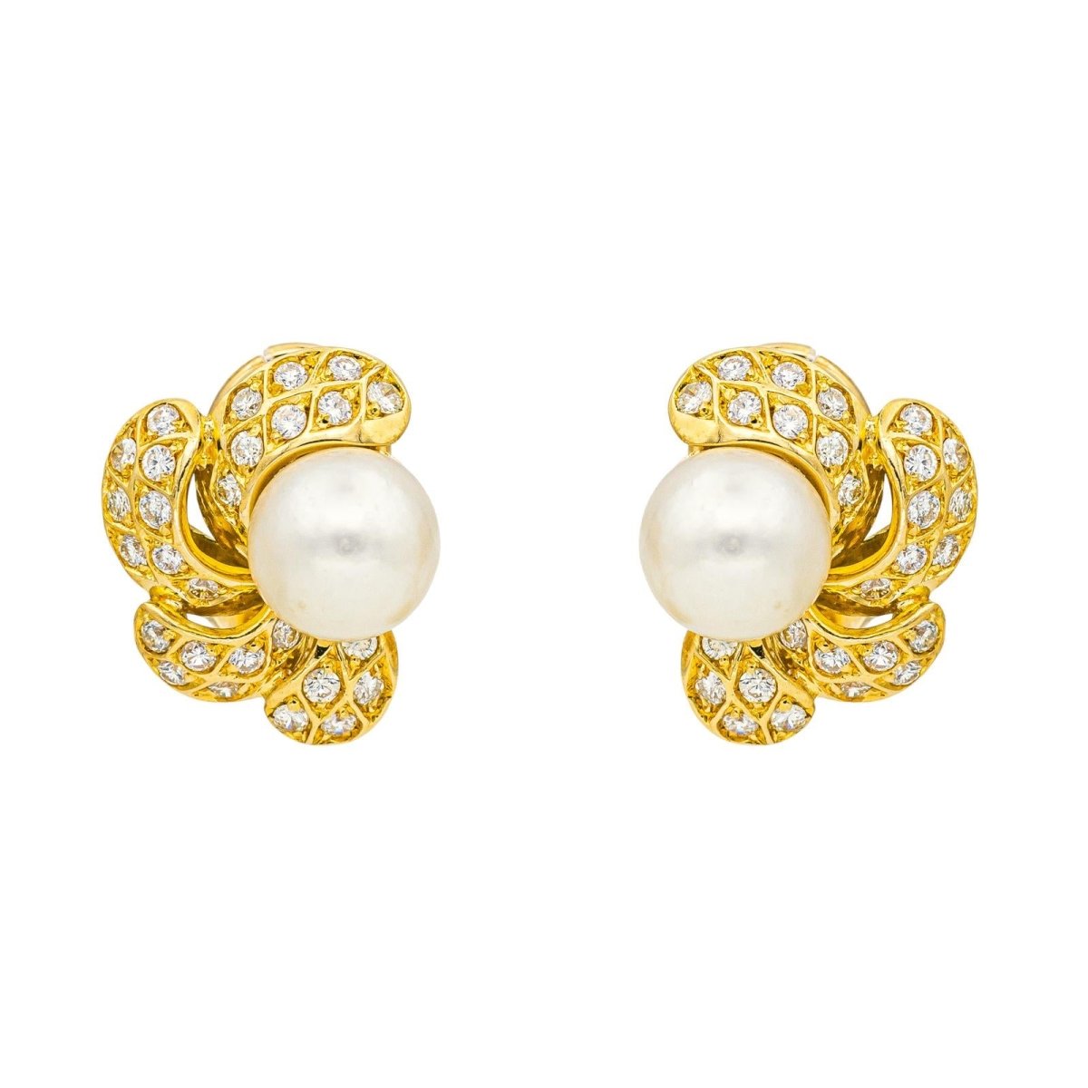 Boucles d'oreilles Clips en or jaune, perles et diamants - Castafiore