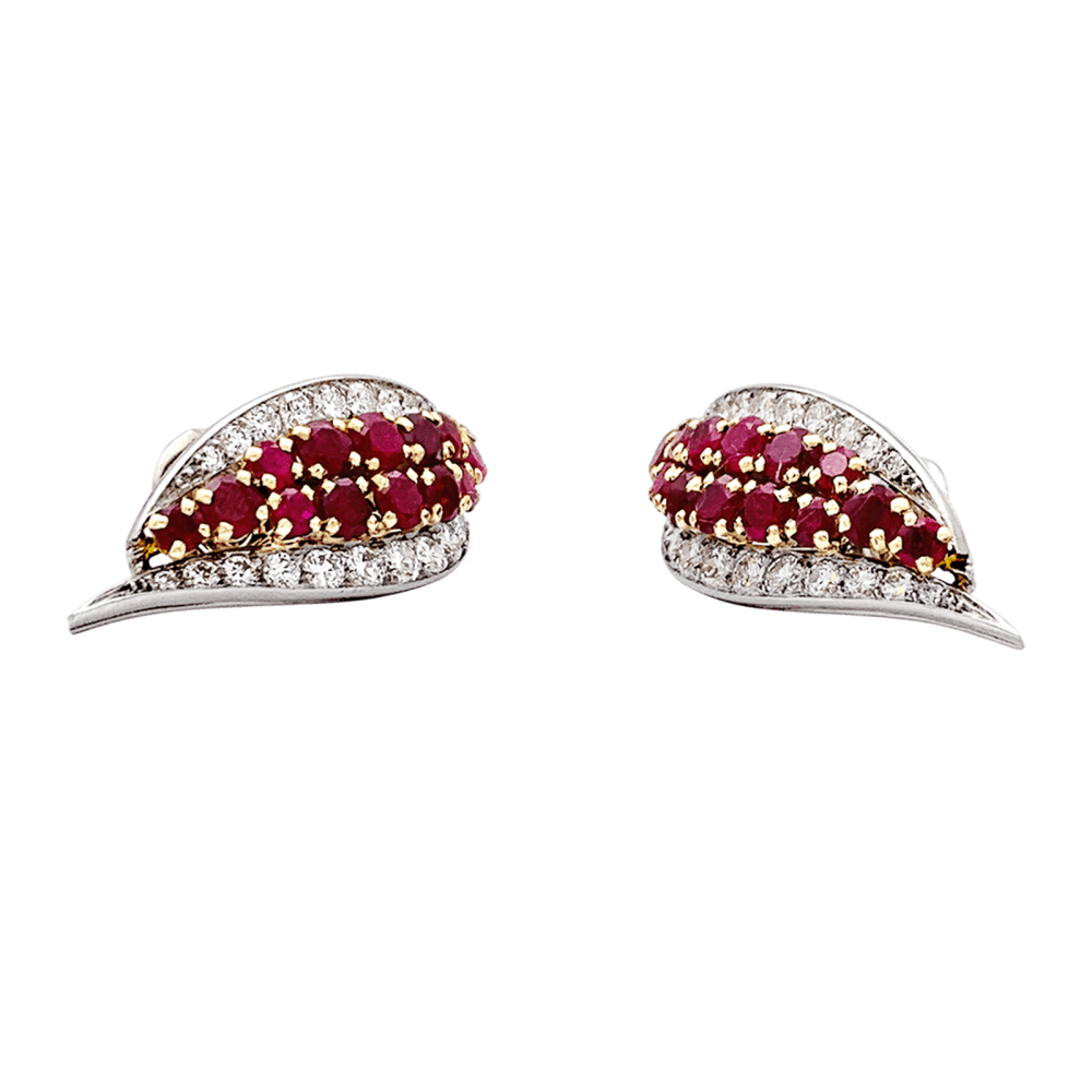 Earrings paltinium, yellow gold, rubies and diamonds.