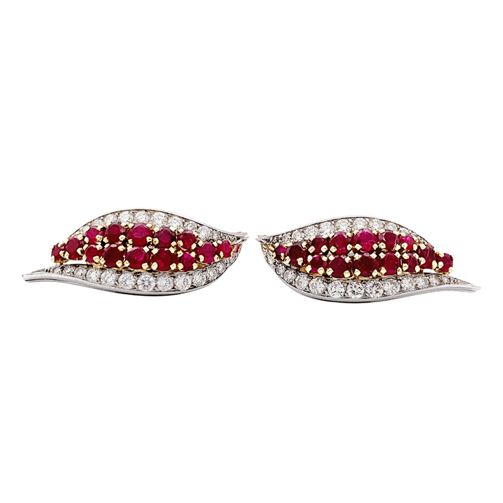 Earrings paltinium, yellow gold, rubies and diamonds.