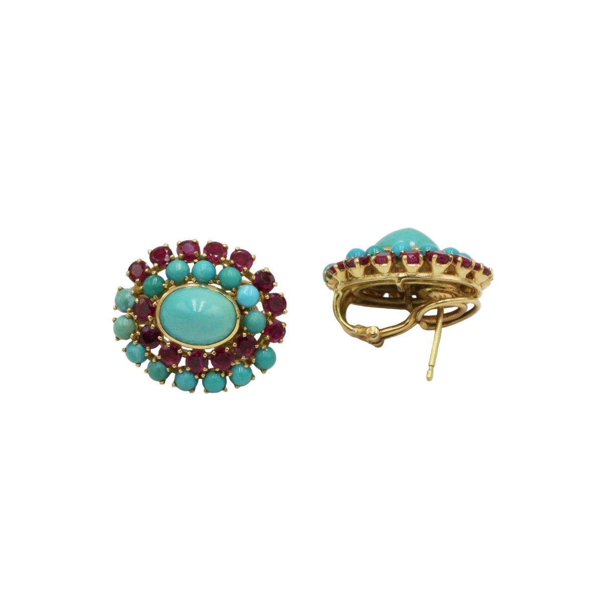 Boucles d'oreilles Clips en or jaune, rubis et turquoises - Castafiore