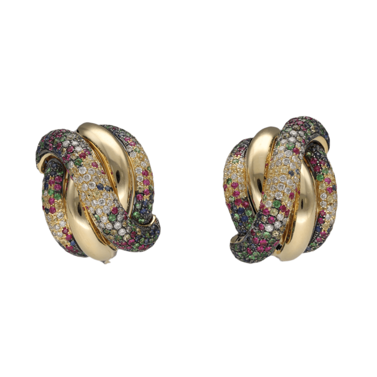 Boucles d'oreilles Clips en or jaune, rubis, saphirs, émeraudes et diamants - Castafiore