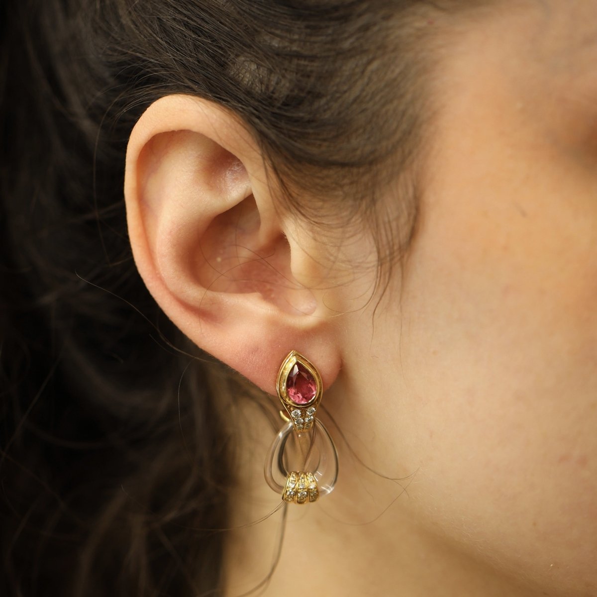 Clip earrings - 18k yellow gold - Tourmalines diamonds Crystal - Around 2000