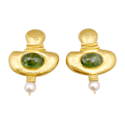 Boucles d'oreilles Clips en or jaune, tourmalines et perles - Castafiore