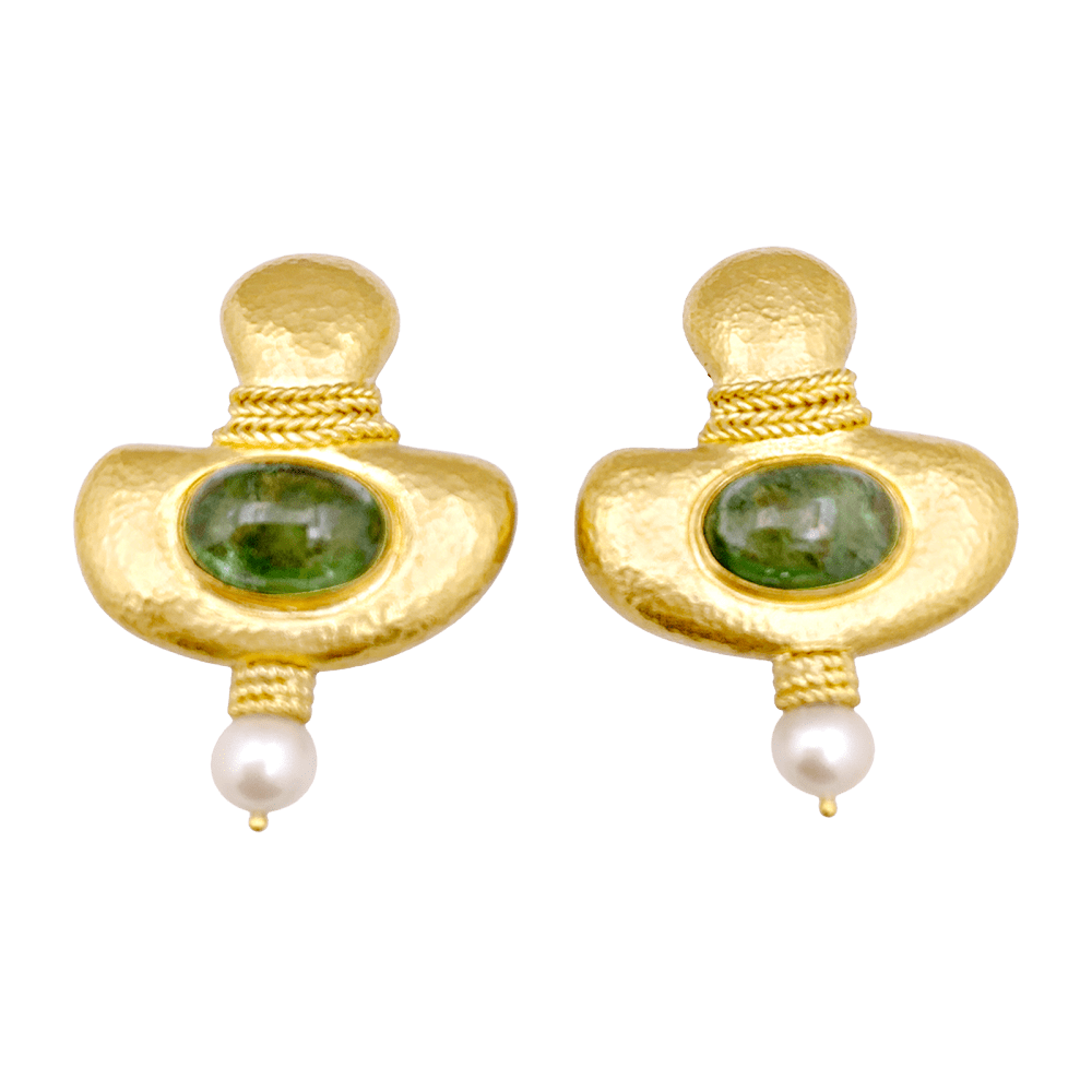Boucles d'oreilles Clips en or jaune, tourmalines et perles - Castafiore