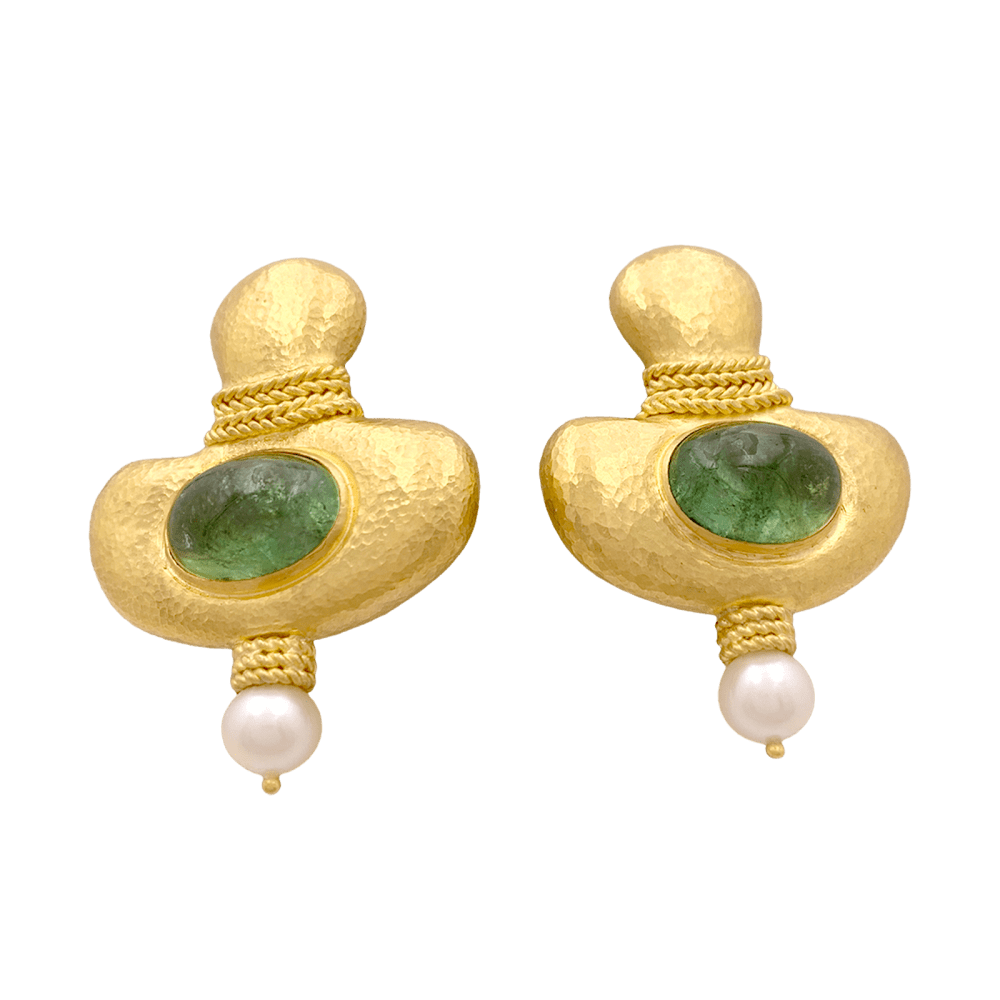Boucles d'oreilles Clips en or jaune, tourmalines et perles - Castafiore
