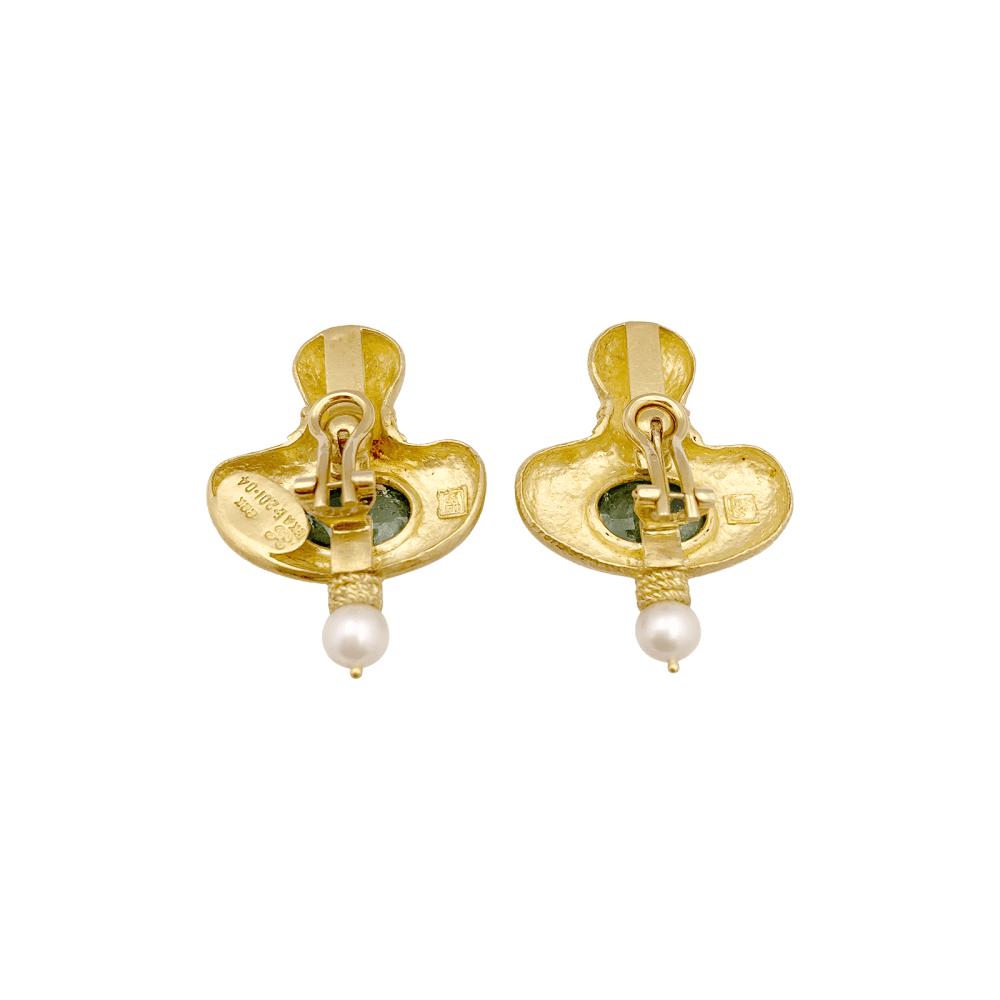 Boucles d'oreilles Clips en or jaune, tourmalines et perles - Castafiore