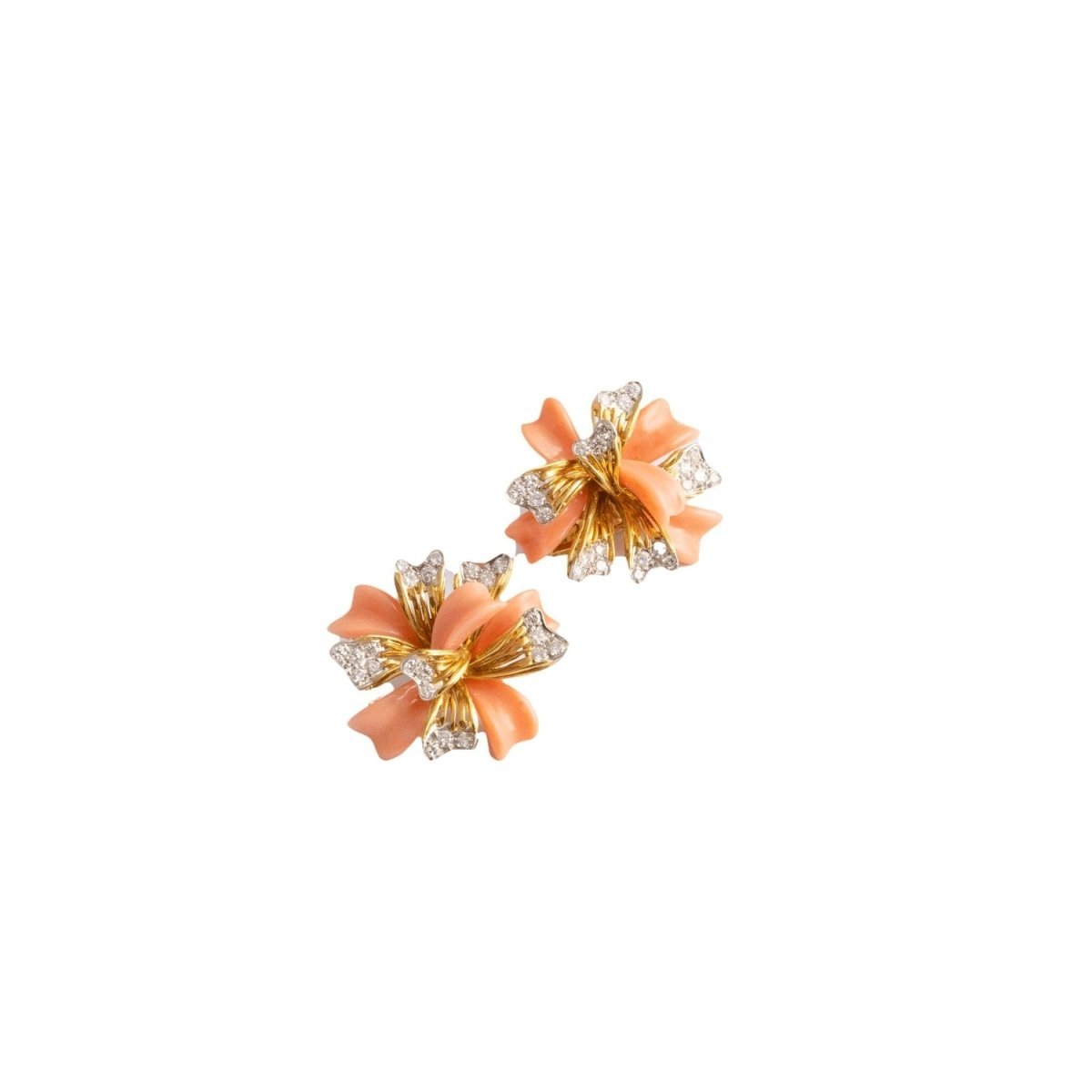 Boucles d'oreilles Clips FRED "Fleurs" en or jaune, corail et diamants - Castafiore