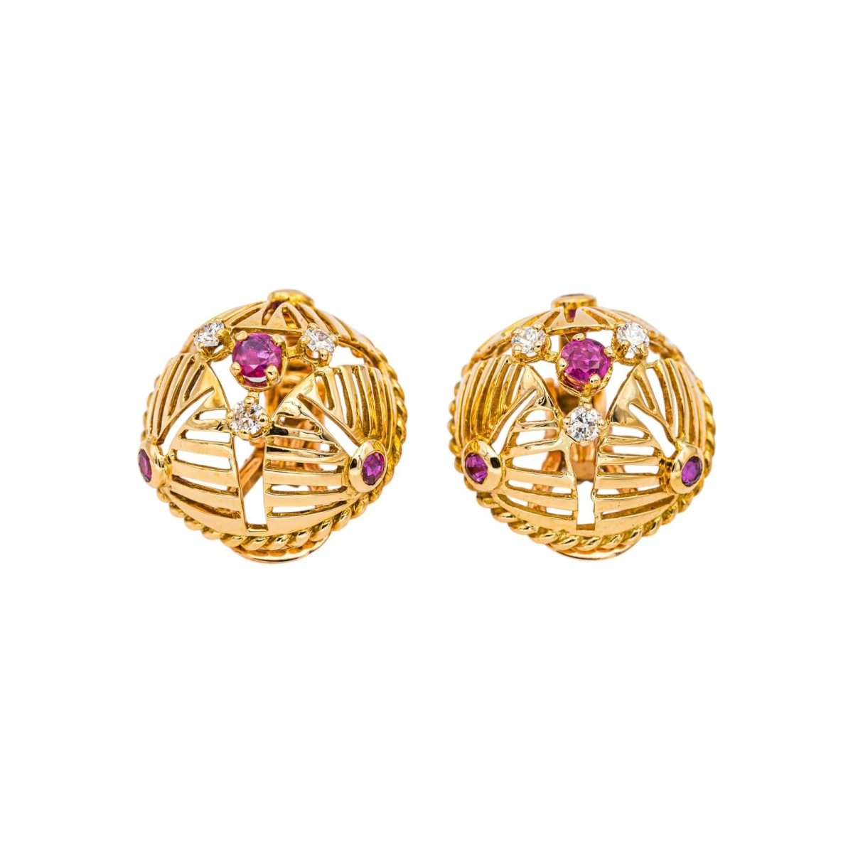 Boucles d'oreilles Clips GÜBELIN en or jaune, rubis et diamants - Castafiore