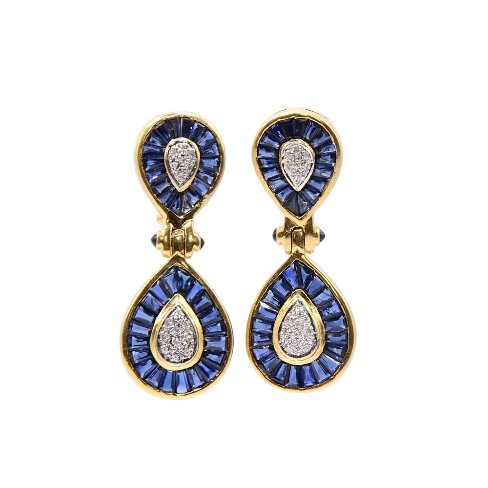 Boucles d'oreilles Clips "Rosée" en or jaune, or blanc, saphirs et diamants - Castafiore