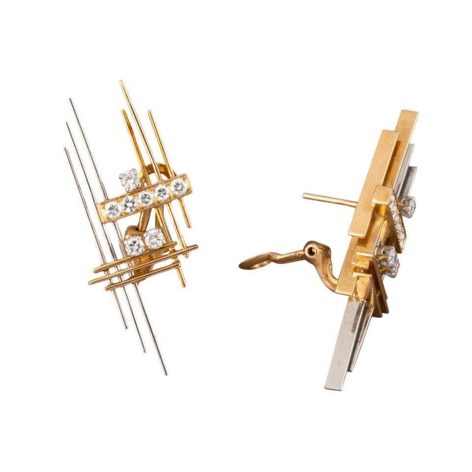 Boucles d'oreilles Clips WOLFERS en or jaune, platine et diamants - Castafiore