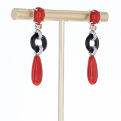 Boucles d'oreilles Clous en or blanc, corail, onyx et diamants - Castafiore