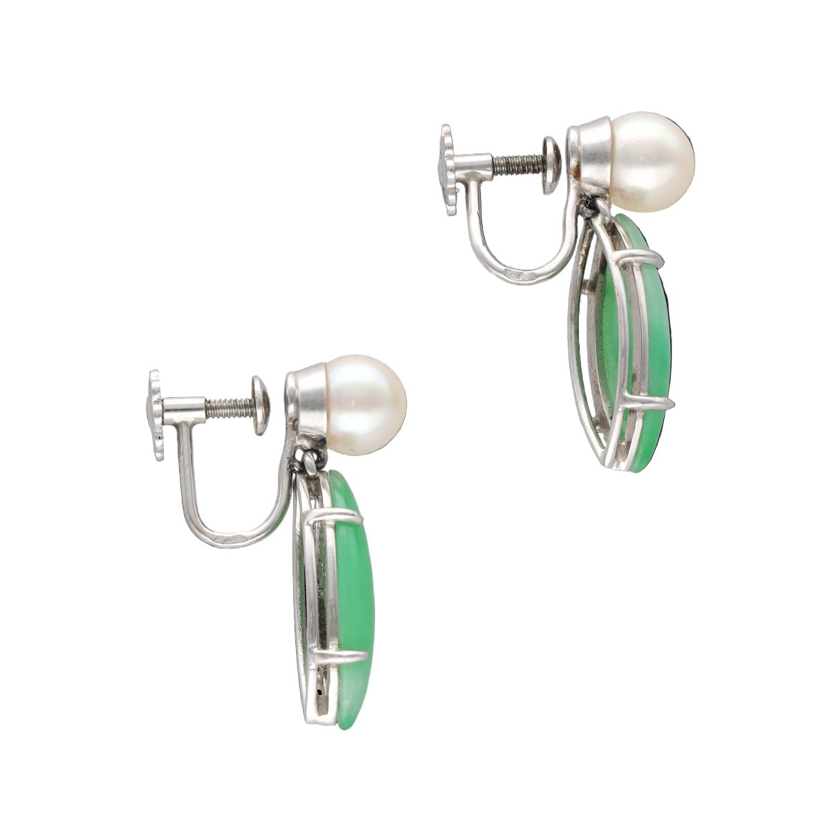 Boucles d'oreilles Clous en or blanc, jade et perles - Castafiore