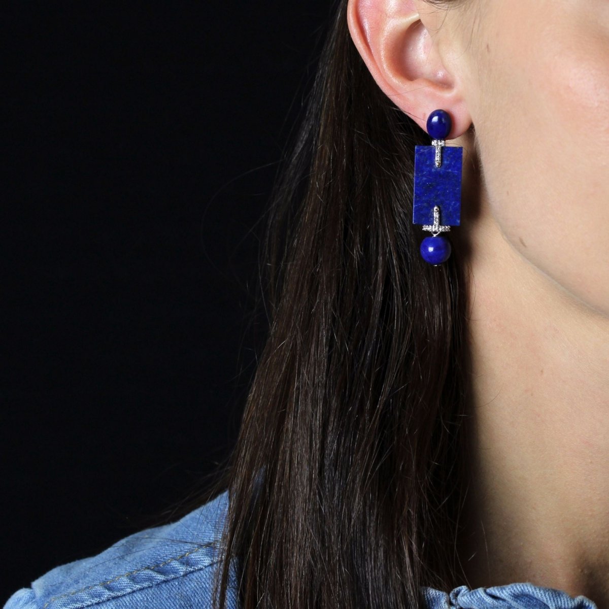 Boucles d'oreilles Clous en or blanc, lapis - lazuli et diamants - Castafiore
