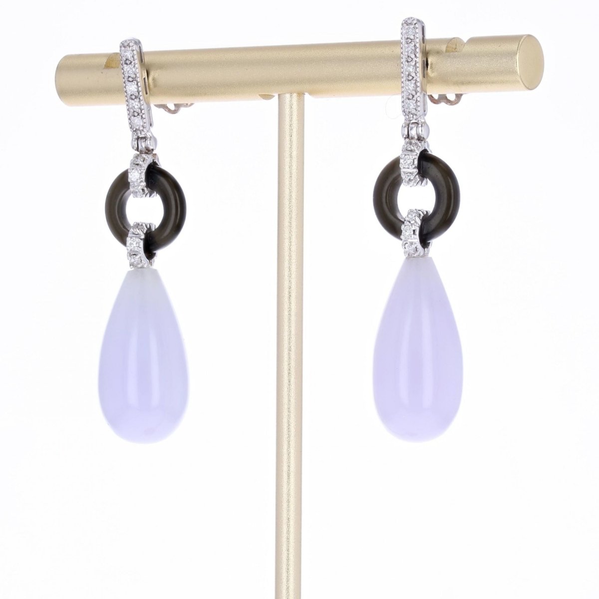 Boucles d'oreilles Clous en or blanc, onyx, jade et diamants - Castafiore
