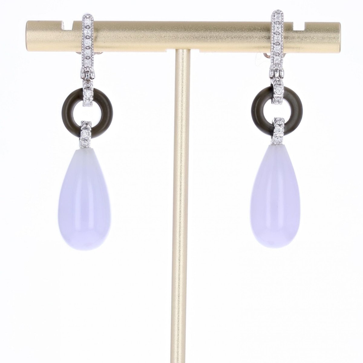Boucles d'oreilles Clous en or blanc, onyx, jade et diamants - Castafiore