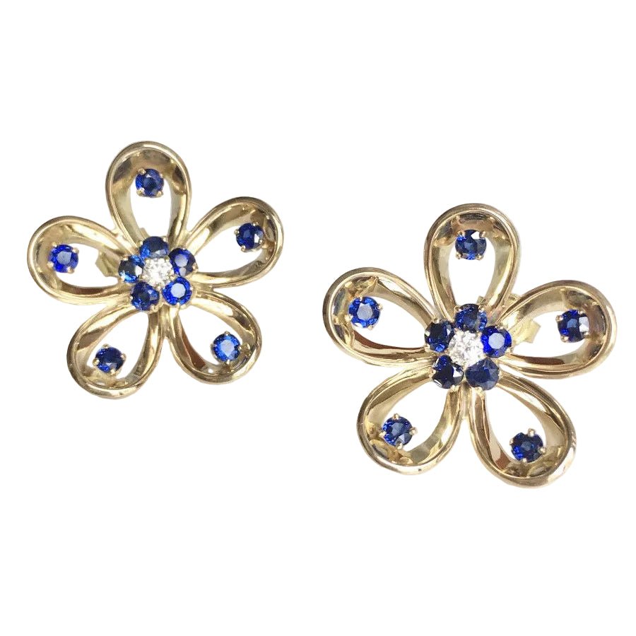 Boucles d'oreilles Clous en or jaune, saphirs et diamants - Castafiore