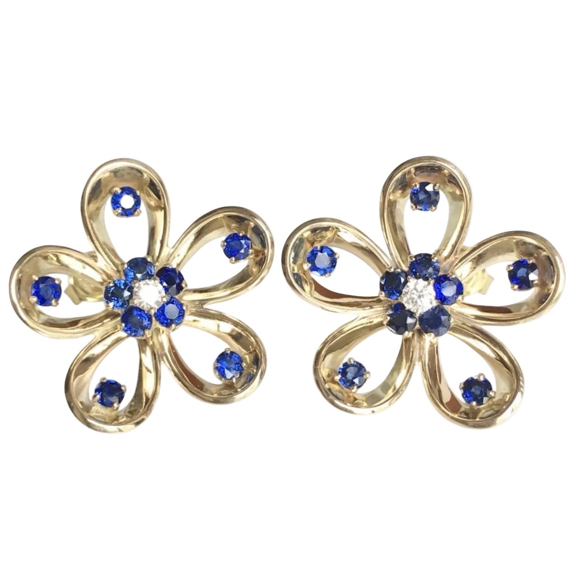 Boucles d'oreilles Clous en or jaune, saphirs et diamants - Castafiore