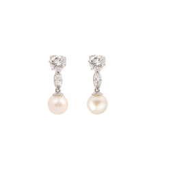 Boucles d'oreilles Clous Pendantes en or blanc, platine, perles, et diamants - Castafiore