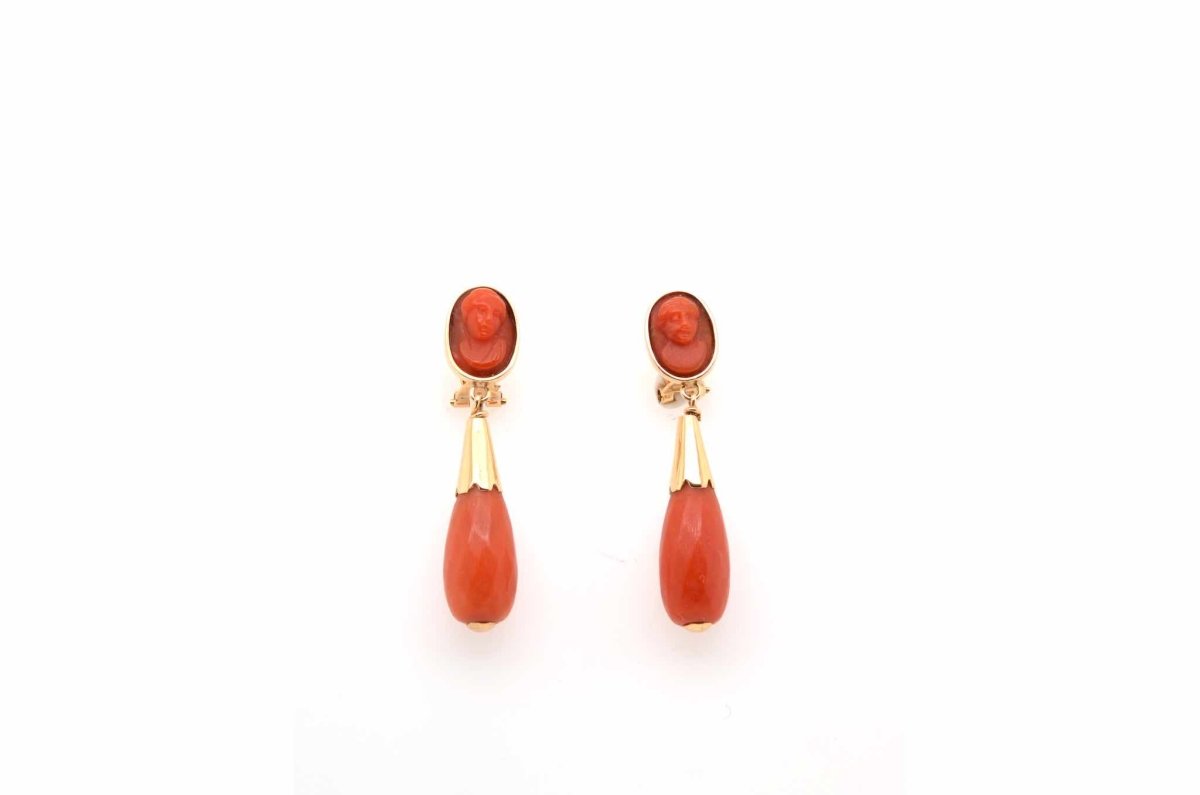 Boucles d'oreilles corail et camées en or 18k - Castafiore