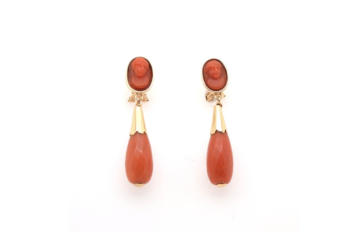 Boucles d'oreilles corail et camées en or 18k - Castafiore