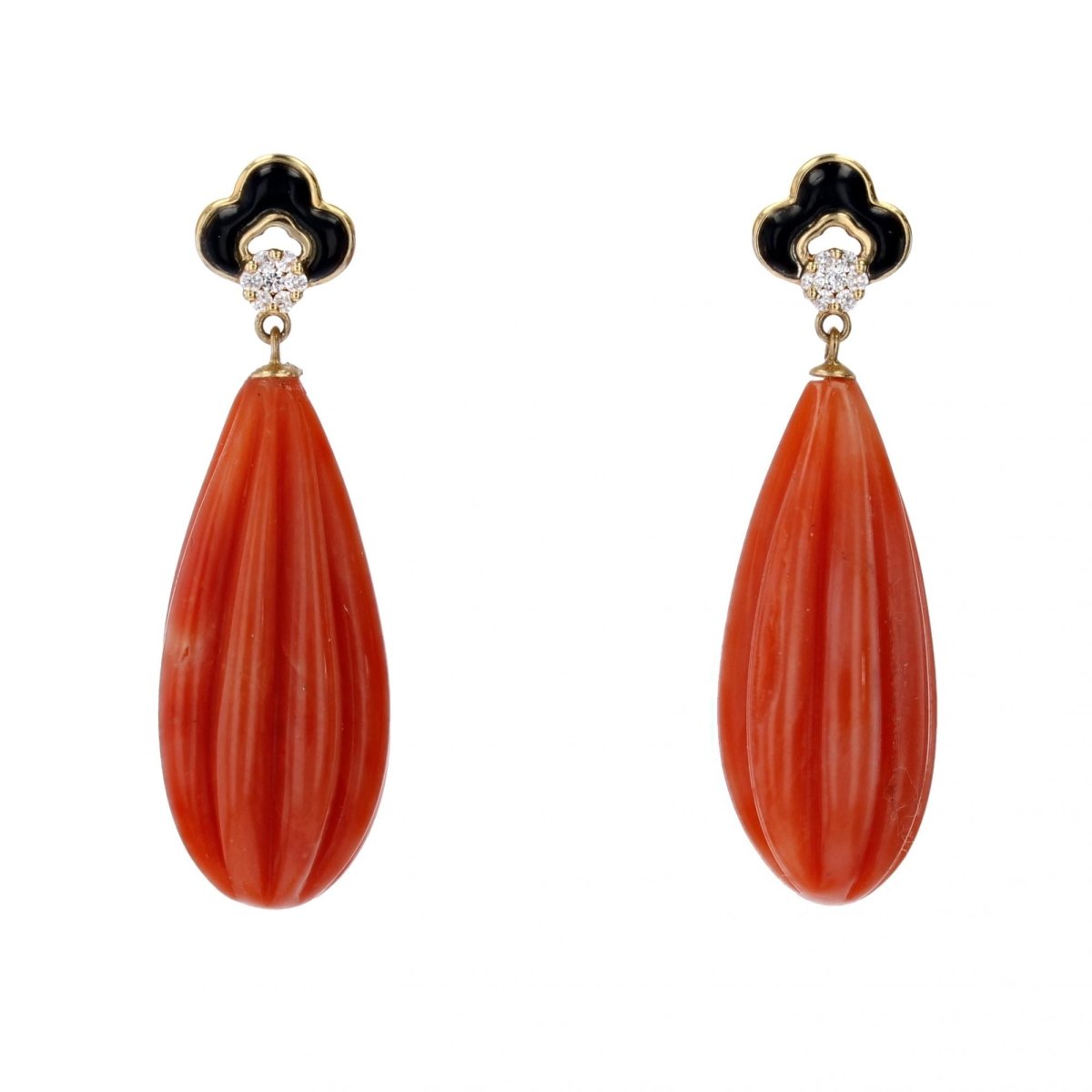 Boucles d'oreilles corail onyx et diamants en or jaune - Castafiore